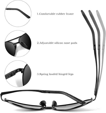 Schwarze Sonnenbrille mit Gummirahmen, verstellbaren Silikon-Nasenpads, federbelasteten Bügeln.