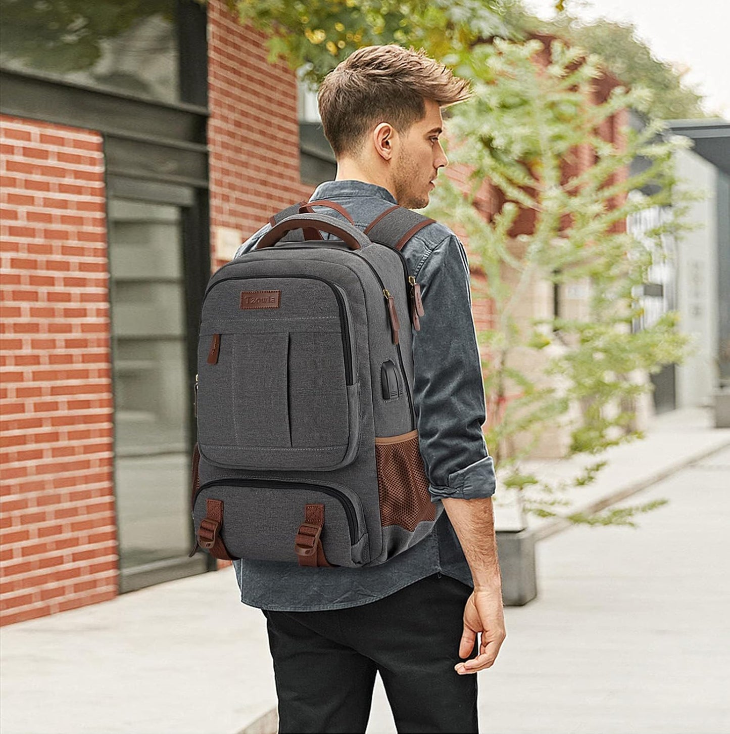 Stöldsäker canvas laptop- och resryggsäck med USB-anslutning – Passar för laptops upp till 43,94 cm