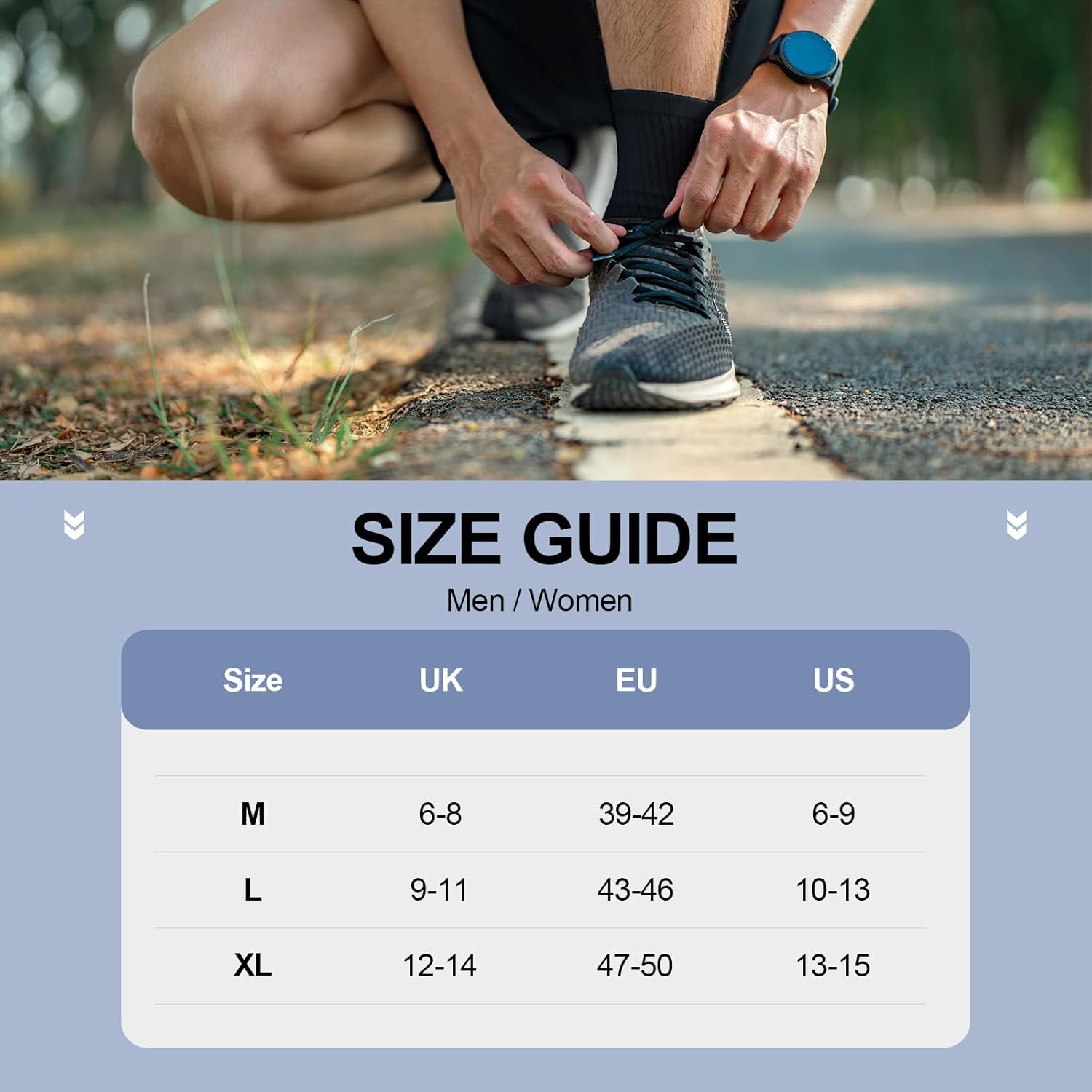 Mann bindet schwarze Sportschuhe, Fitness, Outdoor, Laufen, Größentabelle, UK, EU, US.