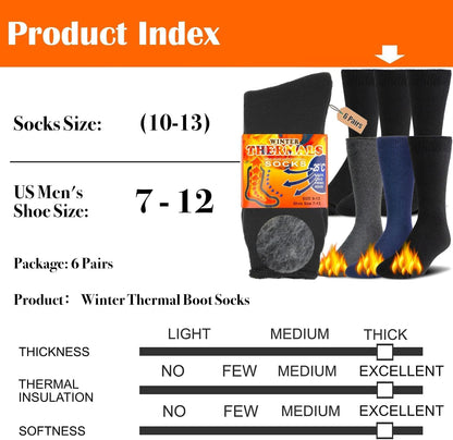 6 Paar Winter Thermosocken, schwarz, dick, warm, ideal für Herren, Größe 7-12.