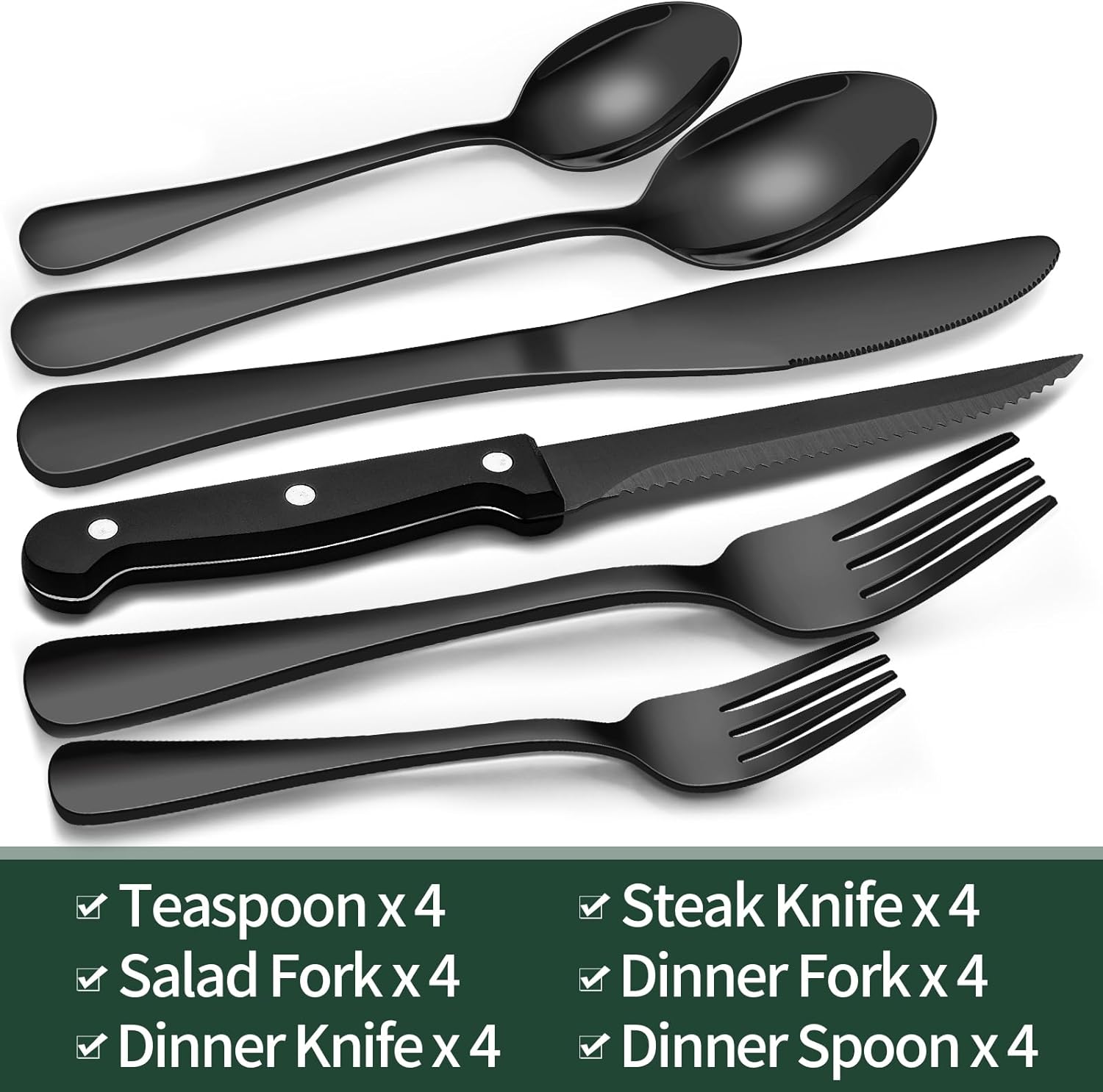 Schwarzes Edelstahl-Besteckset, 20-teilig, inkl. Steakmesser, Löffel, Gabeln, modern.