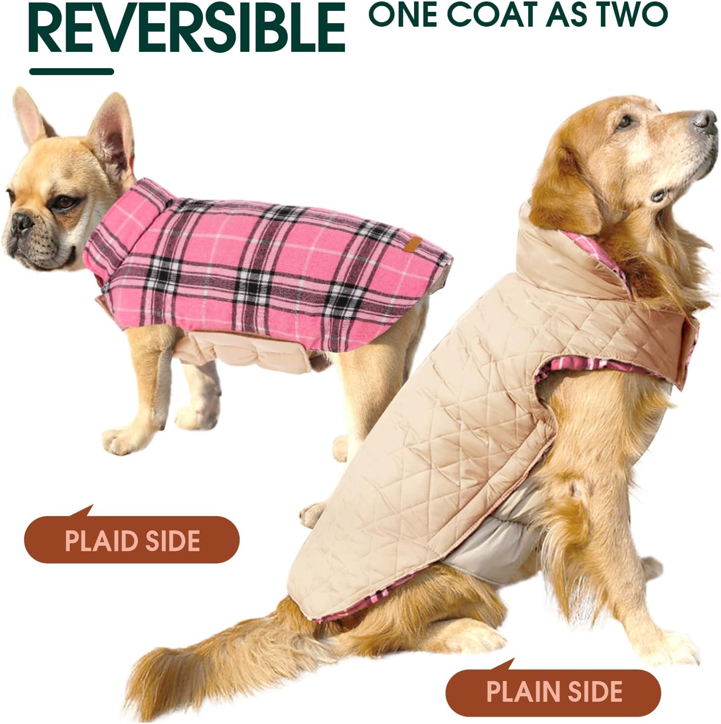 Wendbarer Hundemantel, rosa Karo und beige, warm, stilvoll, für kleine und große Hunde.