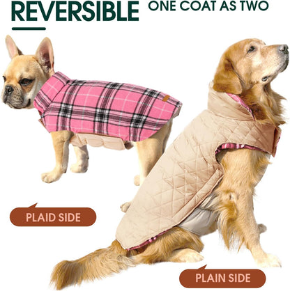Wendbarer Hundemantel, rosa Karo und beige, warm, stilvoll, für kleine und große Hunde.