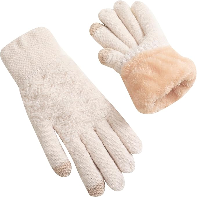 Beige Damenhandschuhe, gestrickt, mit Fleece-Futter, Touchscreen-kompatibel, Wintermode.