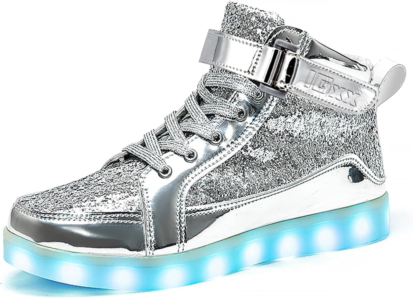 Silberner LED-Sneaker mit Glitzer, leuchtende Sohle, modischer High-Top-Schuh für Kinder.