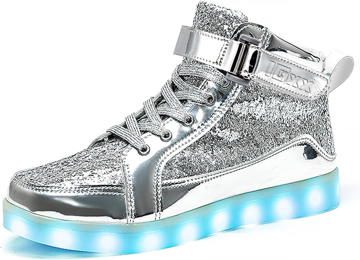 Silberner LED-Sneaker mit Glitzer, leuchtende Sohle, modischer High-Top-Schuh für Kinder.