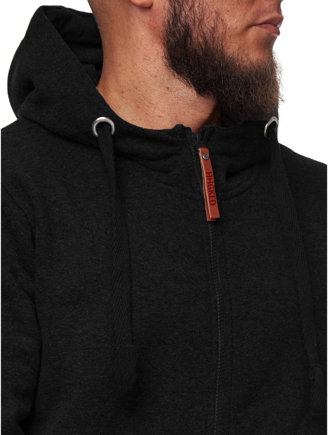 Schwarzer Herren-Hoodie mit Kapuze, Reißverschluss und Kordelzug, lässige Freizeitmode.