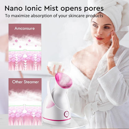 Dampfinhalator Gesichtssauna, weiß-rosa, Nano-Ionen-Technologie, Hautpflege, Poren öffnen.