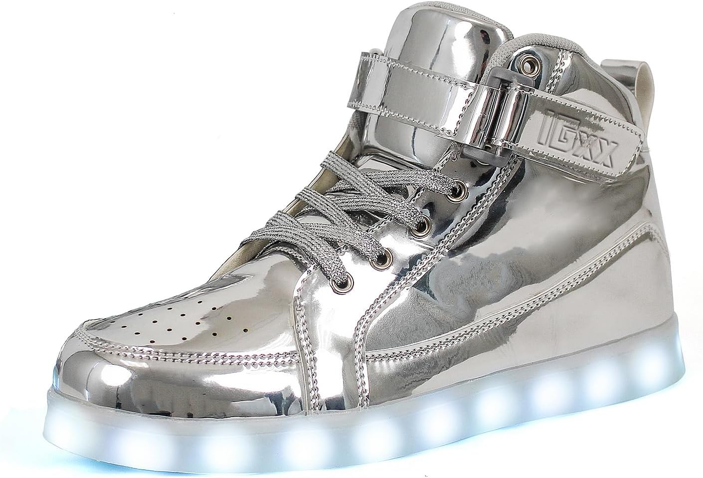 Silberner LED-Sneaker mit Schnürung und Klettverschluss, leuchtende Sohle, modisch, unisex.