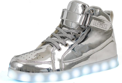 Silberner LED-Sneaker mit Schnürung und Klettverschluss, leuchtende Sohle, modisch, unisex.