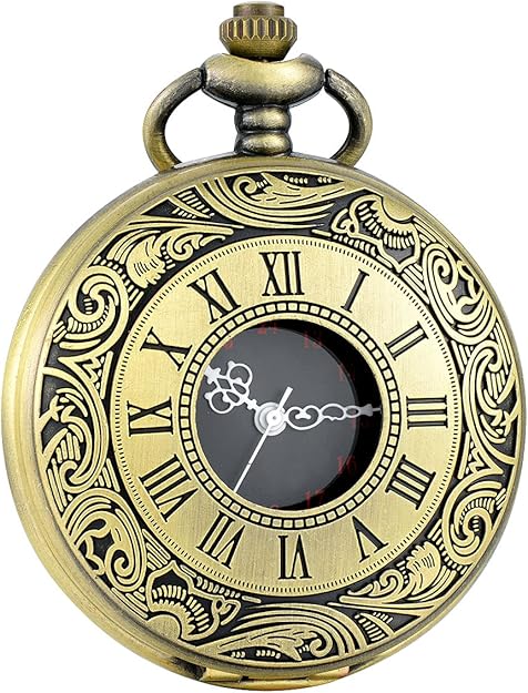 Antike Taschenuhr aus Messing mit römischen Ziffern und filigranem Design, Vintage-Stil.