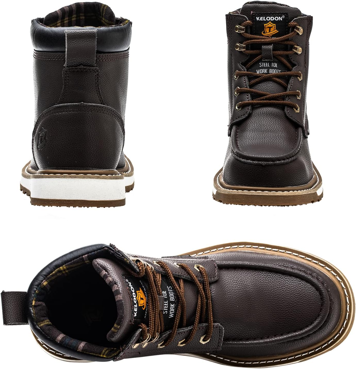 Braune Leder-Arbeitsstiefel für Herren, rutschfest, robust, mit Schnürung und gepolstertem Kragen.
