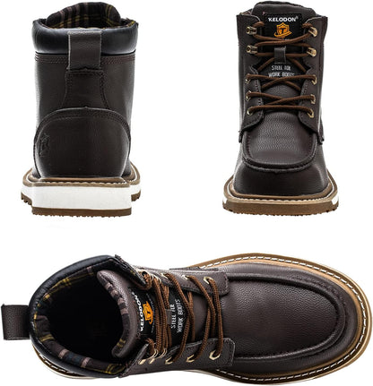 Braune Leder-Arbeitsstiefel für Herren, rutschfest, robust, mit Schnürung und gepolstertem Kragen.