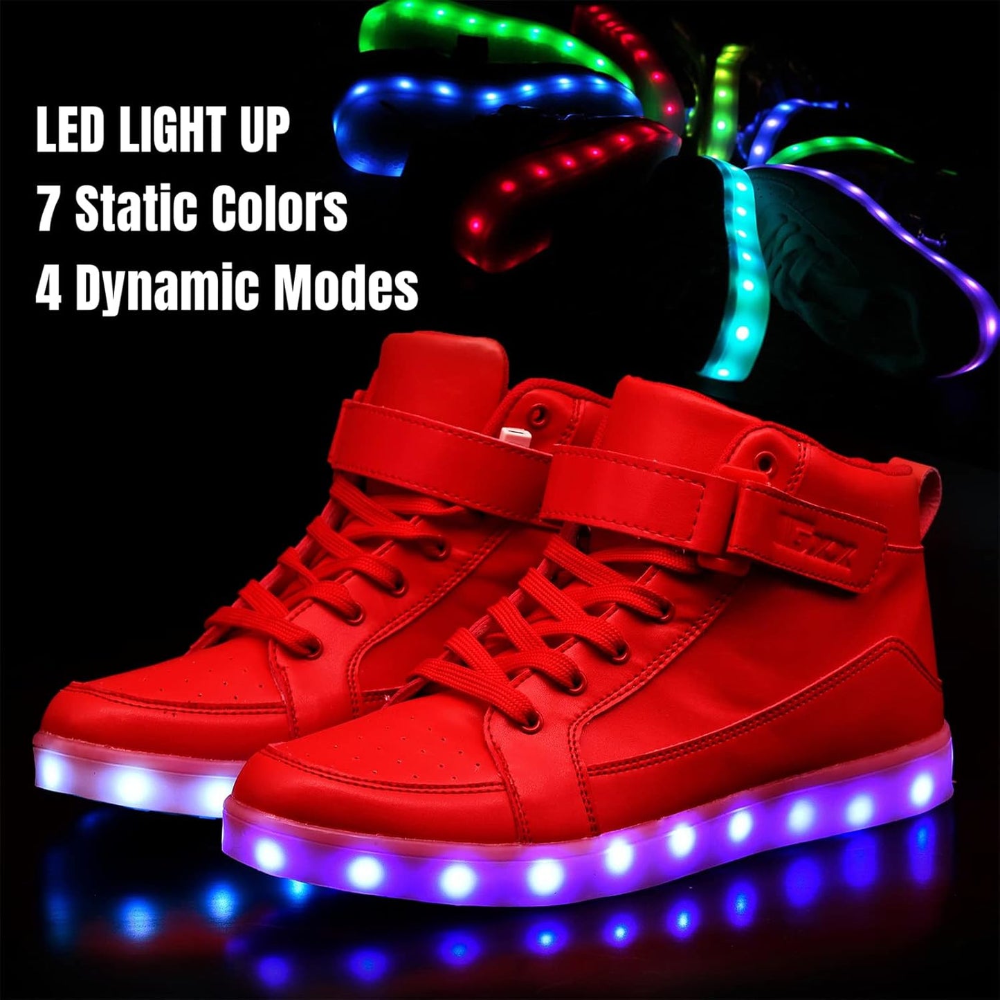 Rote LED-Sneaker mit leuchtender Sohle, 7 Farben, 4 Modi, modische Schuhe für Partys.