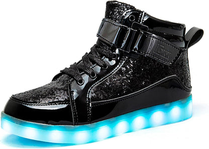 Schwarzer LED-Sneaker mit leuchtender Sohle, Glitzer-Design, modischer Freizeitschuh.
