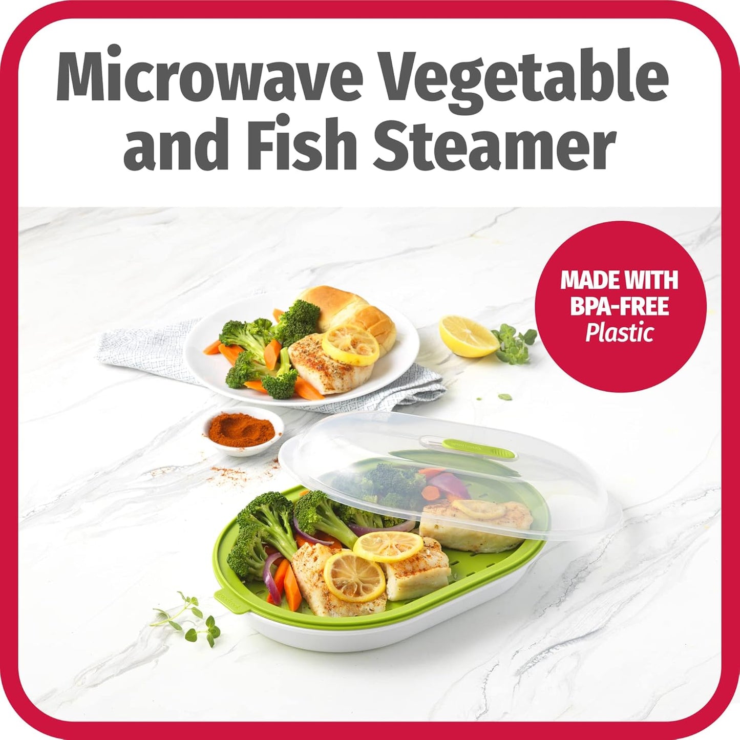 Mikrowellen-Dampfgarer für Gemüse und Fisch, BPA-frei, grün, Kunststoff, gesundes Kochen.