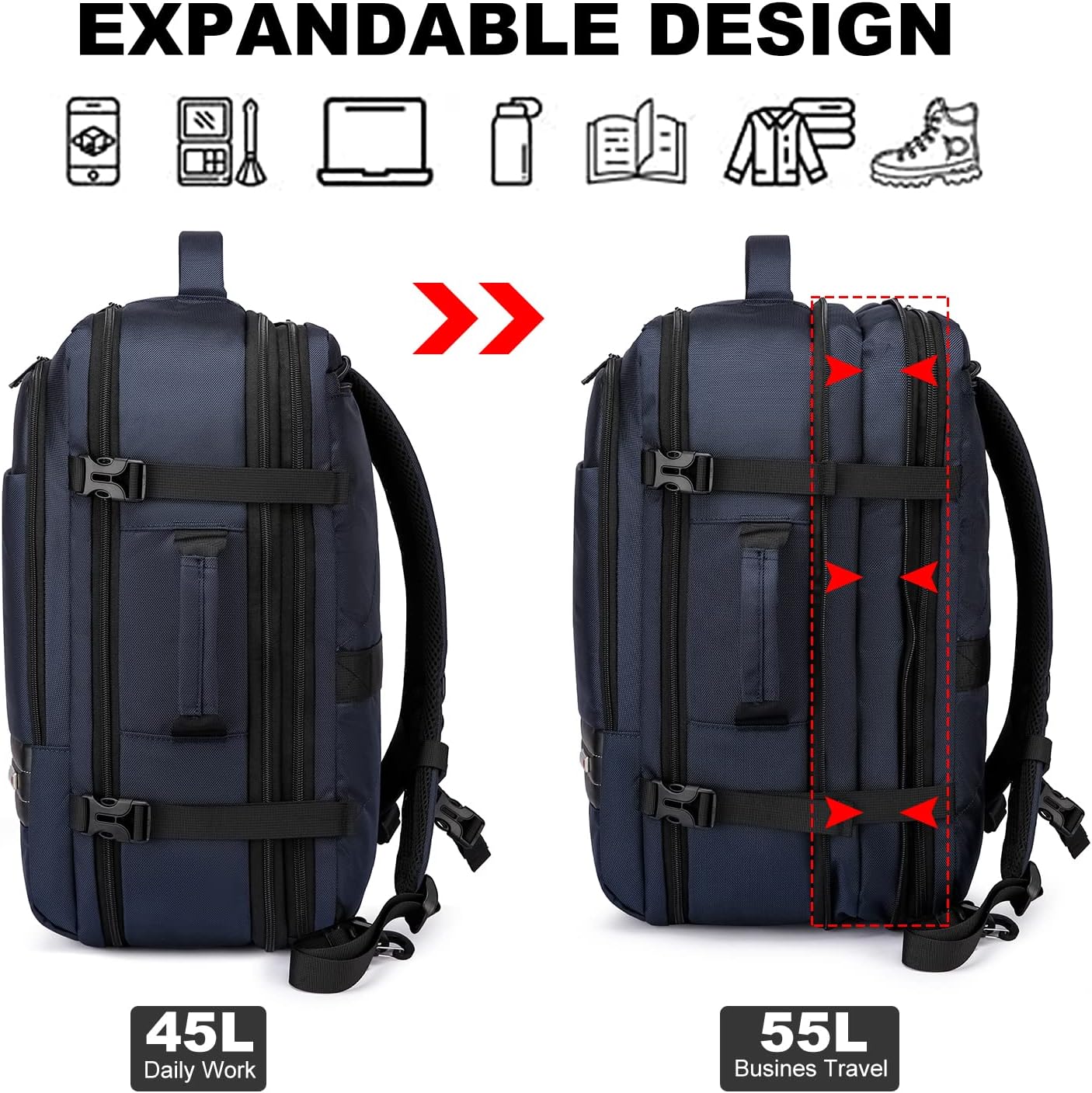 Expanderbar 45–55 l vattentät reseryggsäck med 46,5 cm laptopfack