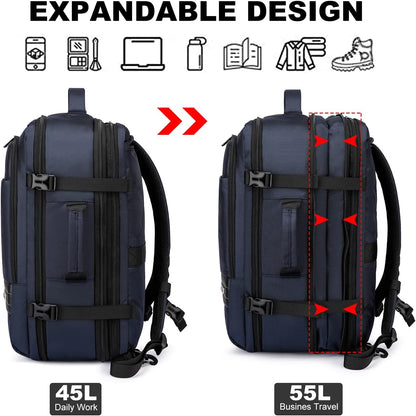 Expanderbar 45–55 l vattentät reseryggsäck med 46,5 cm laptopfack