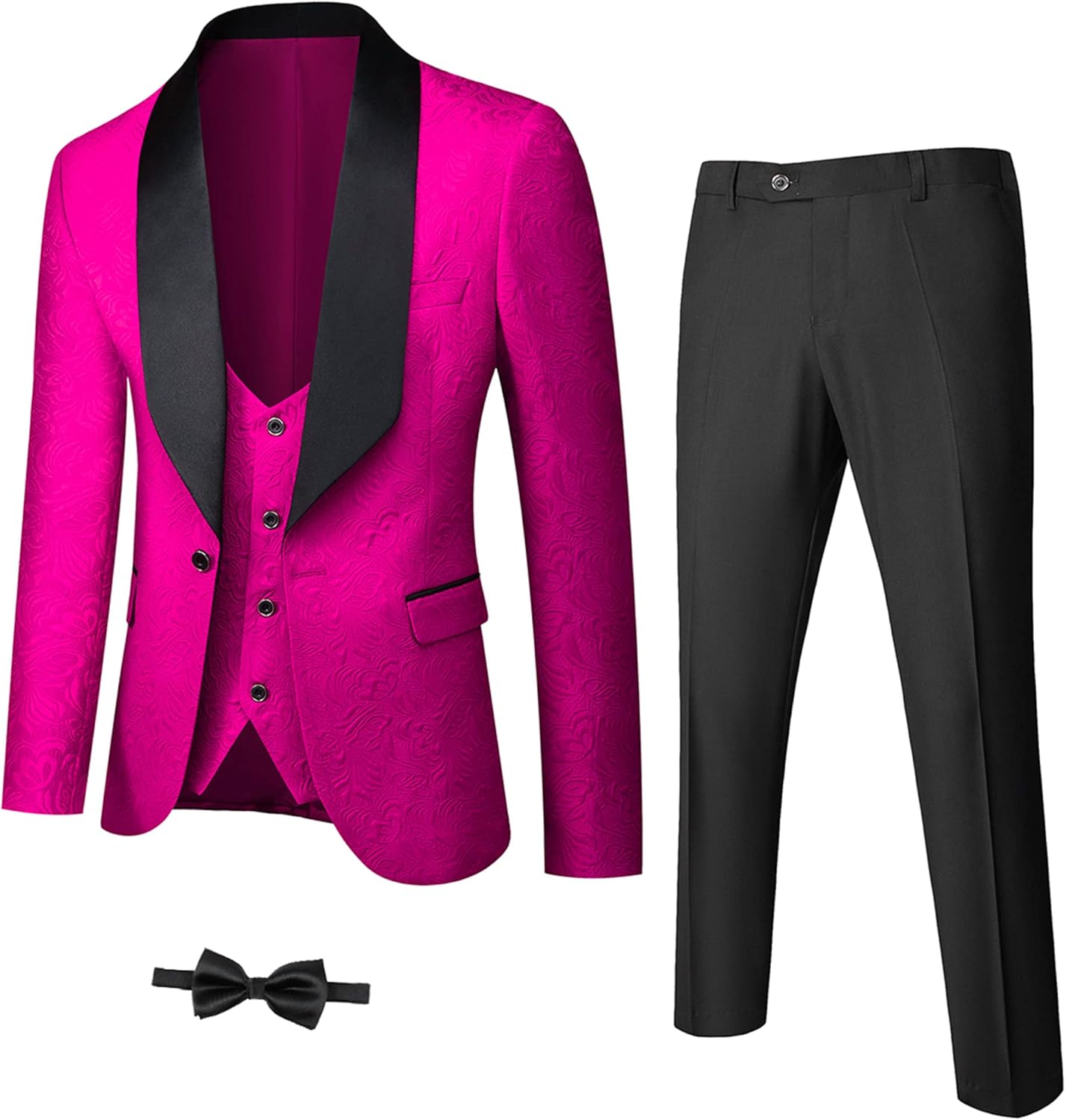 Herren Anzug Set, pinkes Sakko mit schwarzem Revers, Weste, Hose, Fliege, elegant, festlich.