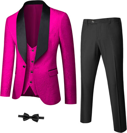 Herren Anzug Set, pinkes Sakko mit schwarzem Revers, Weste, Hose, Fliege, elegant, festlich.
