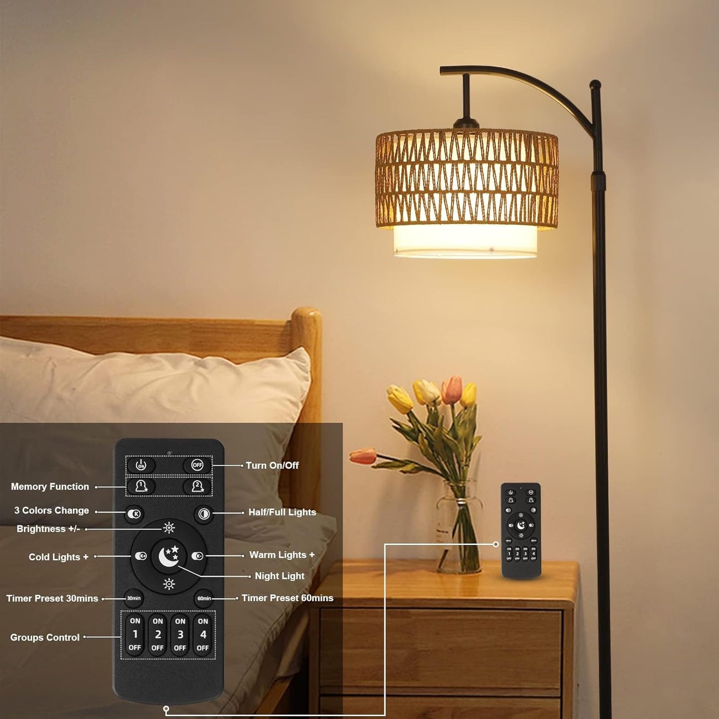 Bågformad golvlampa med fjärrkontroll och dubbla lampskärmar – Norvella