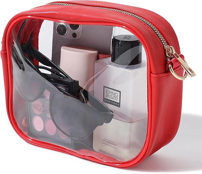 Rote transparente Kosmetiktasche mit Reißverschluss, Sonnenbrille, Make-up, ideal für Reisen.