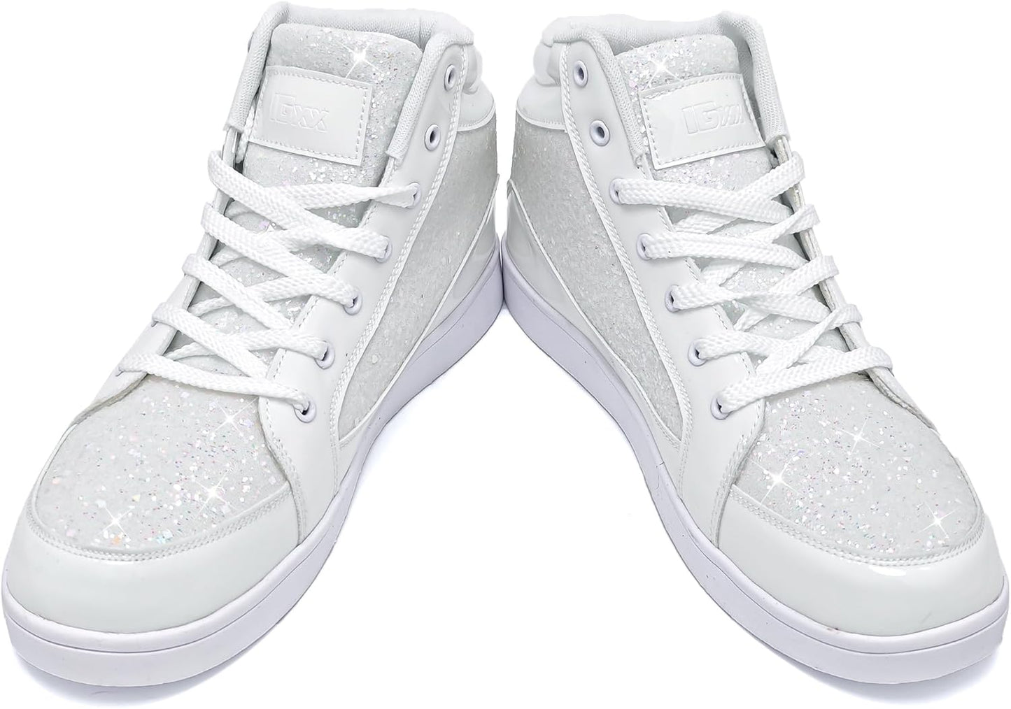 Weiße Glitzer-Sneaker für Damen, hohe Sneaker, modische Freizeitschuhe, glänzend.