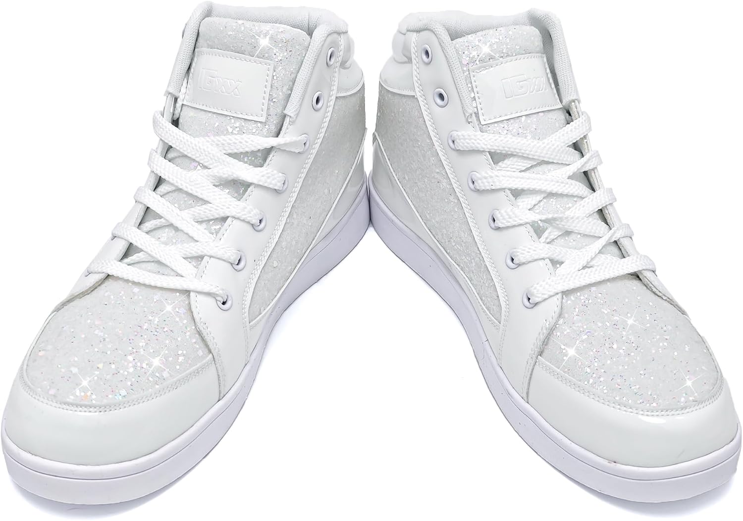 Weiße Glitzer-Sneaker für Damen, hohe Sneaker, modische Freizeitschuhe, glänzend.