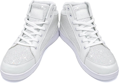 Weiße Glitzer-Sneaker für Damen, hohe Sneaker, modische Freizeitschuhe, glänzend.