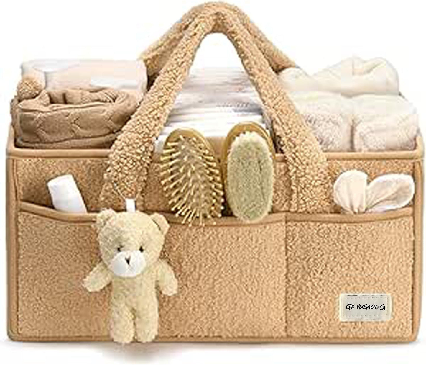 Blöjorganisatör för baby – plysch-sherpa-förvaringskorg med fack – Elvoria