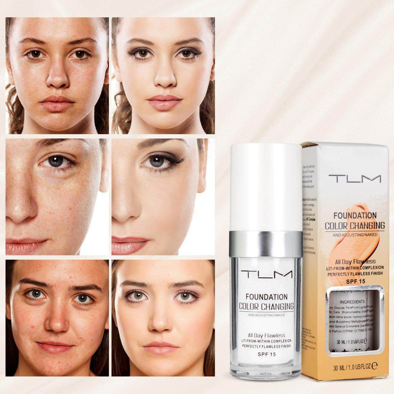 TLM Foundation Farbwechsel SPF 15, 30ml, Hautanpassung, Vorher-Nachher-Bilder, Make-up.