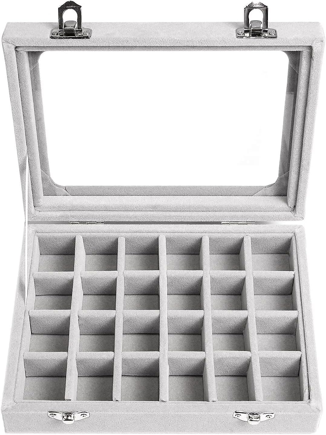 Grauer Schmuckkasten mit 24 Fächern, Glasdeckel, Aufbewahrung für Ringe und Ohrringe.