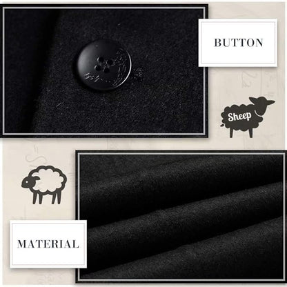Schwarzer Wollstoff mit Knopf, Schafwolle, hochwertiges Material für Mäntel und Anzüge.
