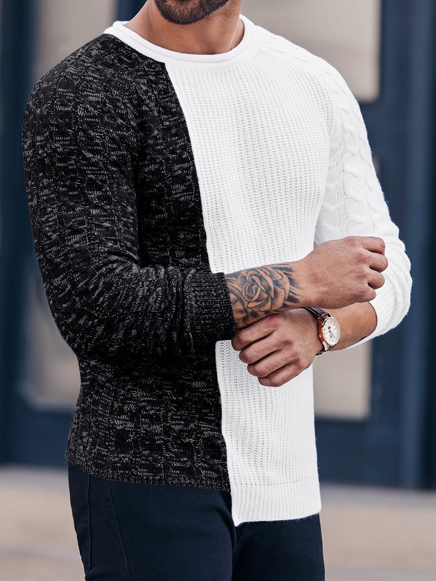 Zweifarbiger Herrenpullover, schwarz-weiß, Strickmuster, langärmelig, modisch, Freizeitkleidung.