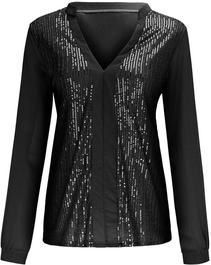 Schwarze Damenbluse mit Pailletten, V-Ausschnitt, Langarm, elegant, festlich.