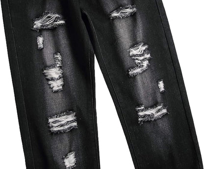Schwarze zerrissene Jeans, modisch, Denim, Vintage-Look, Herrenbekleidung, Streetwear.