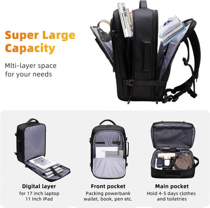 Expanderbar 45–55 l vattentät reseryggsäck med 46,5 cm laptopfack