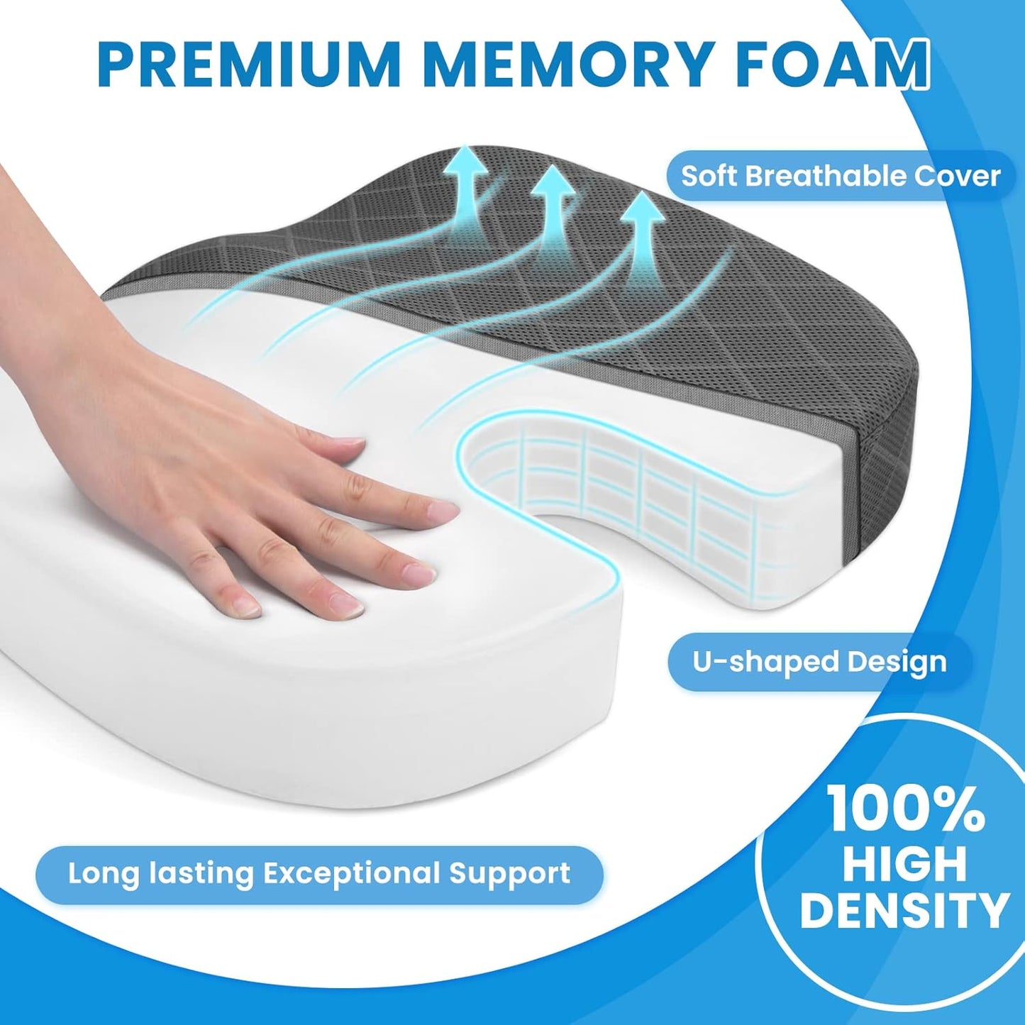 U-förmiges Kissen aus Memory-Schaum, weiß, mit atmungsaktivem Bezug, ergonomisch, stützend.