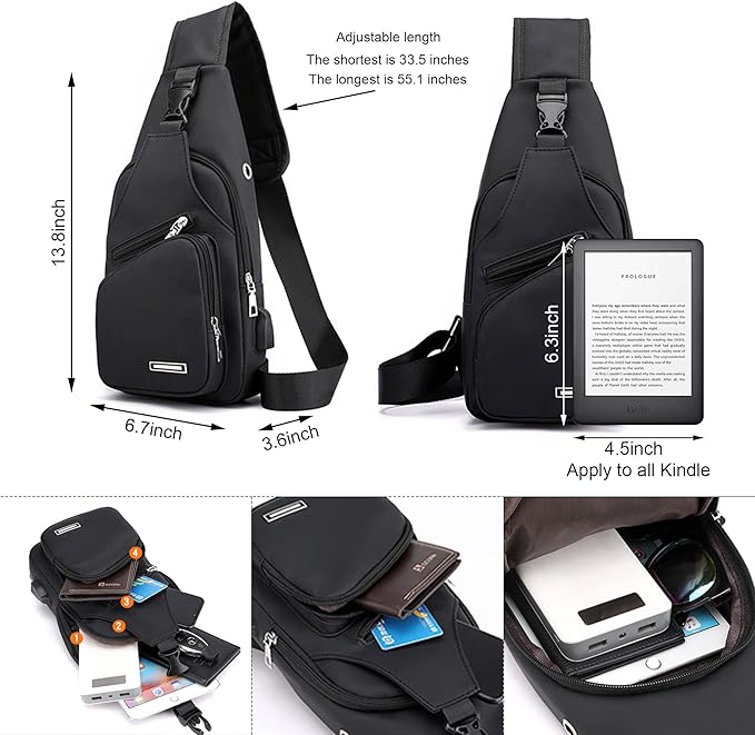 Schwarze Umhängetasche, verstellbar, mit mehreren Fächern, passend für Kindle, ideal für Reisen.