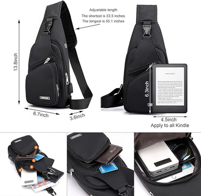 Schwarze Umhängetasche, verstellbar, mit mehreren Fächern, passend für Kindle, ideal für Reisen.