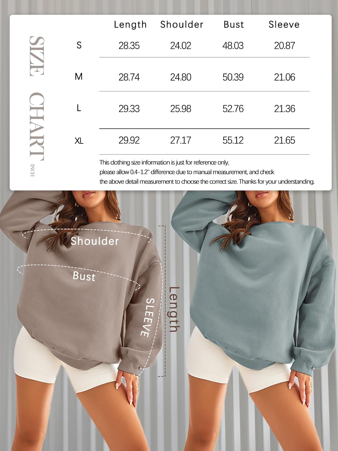 Größentabelle Damenpullover, beige und blau, Baumwolle, lässig, Langarm, modisch.