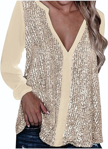 Damen Bluse mit Pailletten, V-Ausschnitt, Langarm, beige, festlich, elegant, modisch.