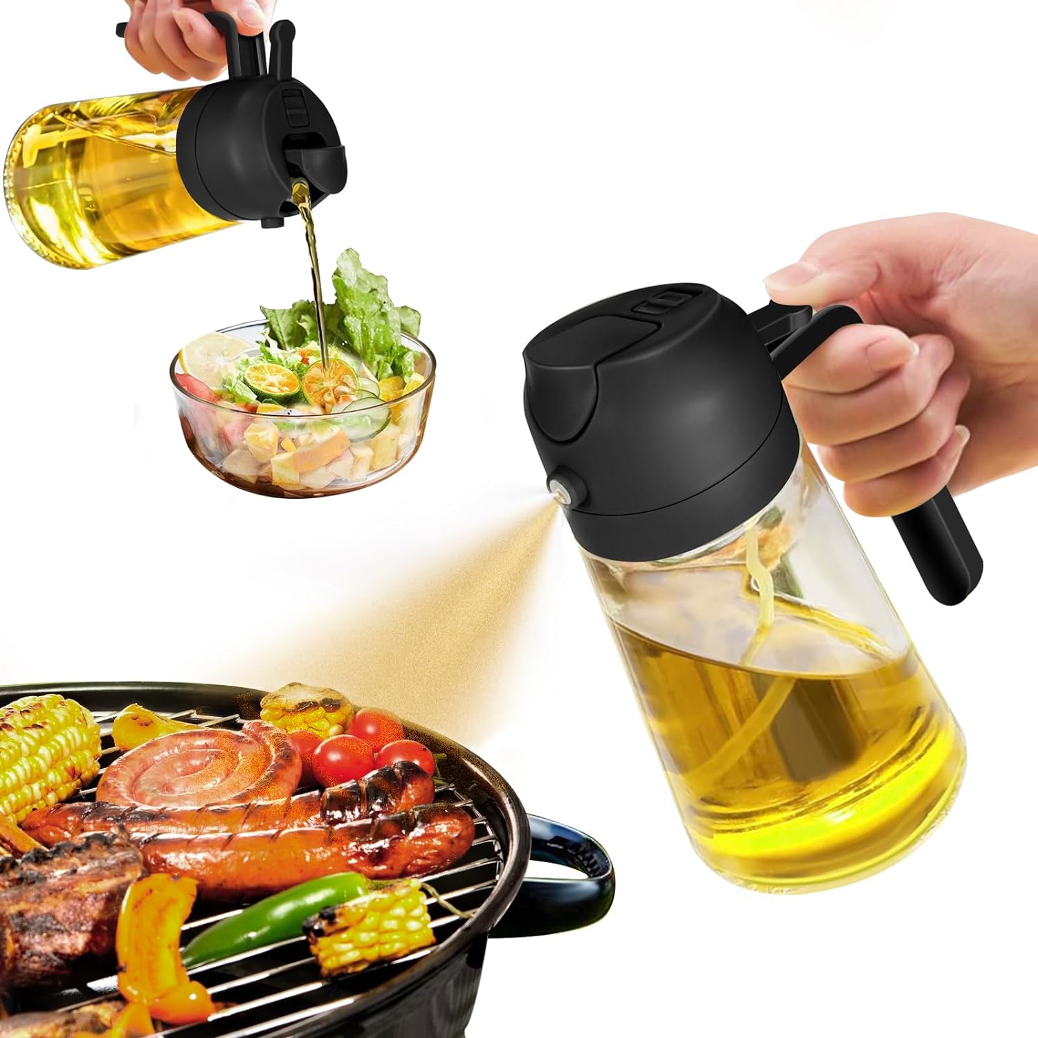 Ölsprüher Glasflasche mit schwarzem Deckel, ideal für Salate und Grillen.