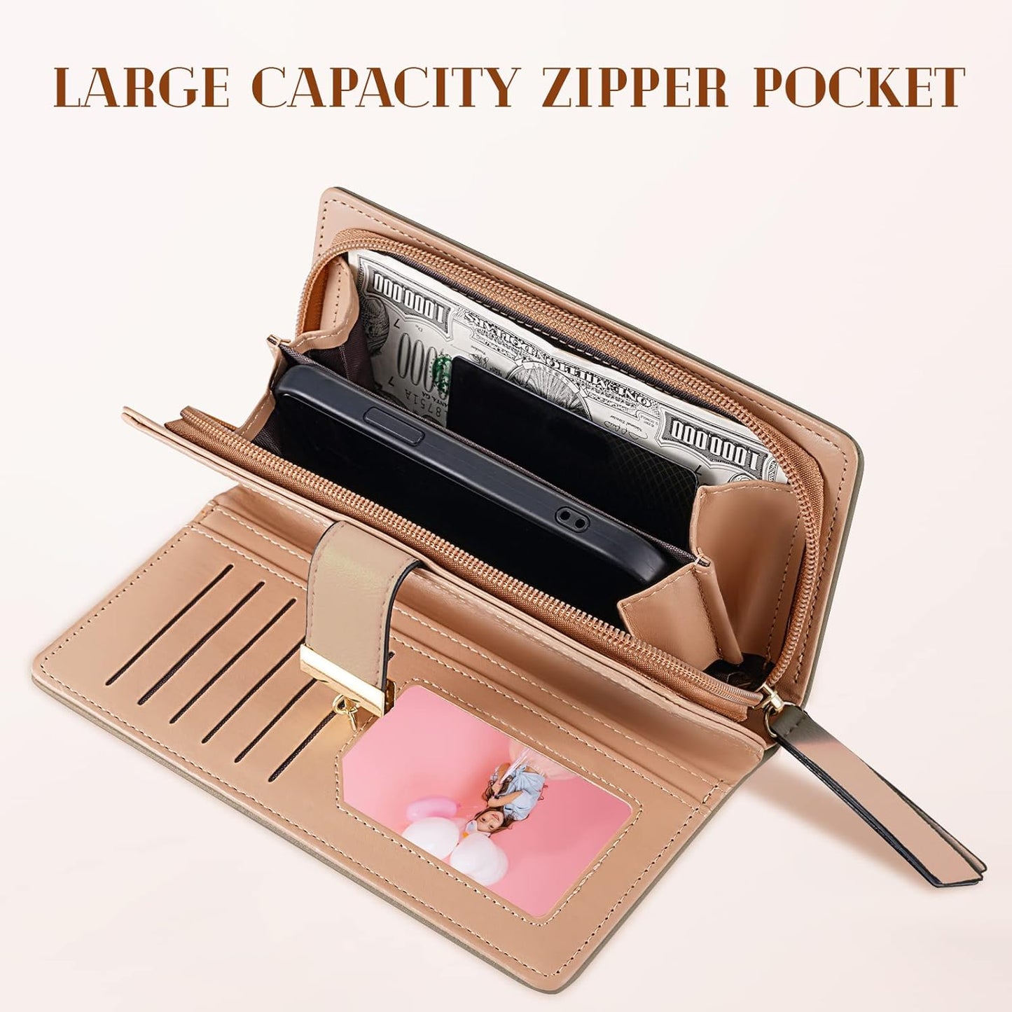 Damen Geldbörse Leder beige, große Kapazität, Reißverschluss, Kartenfächer, Handyfach.