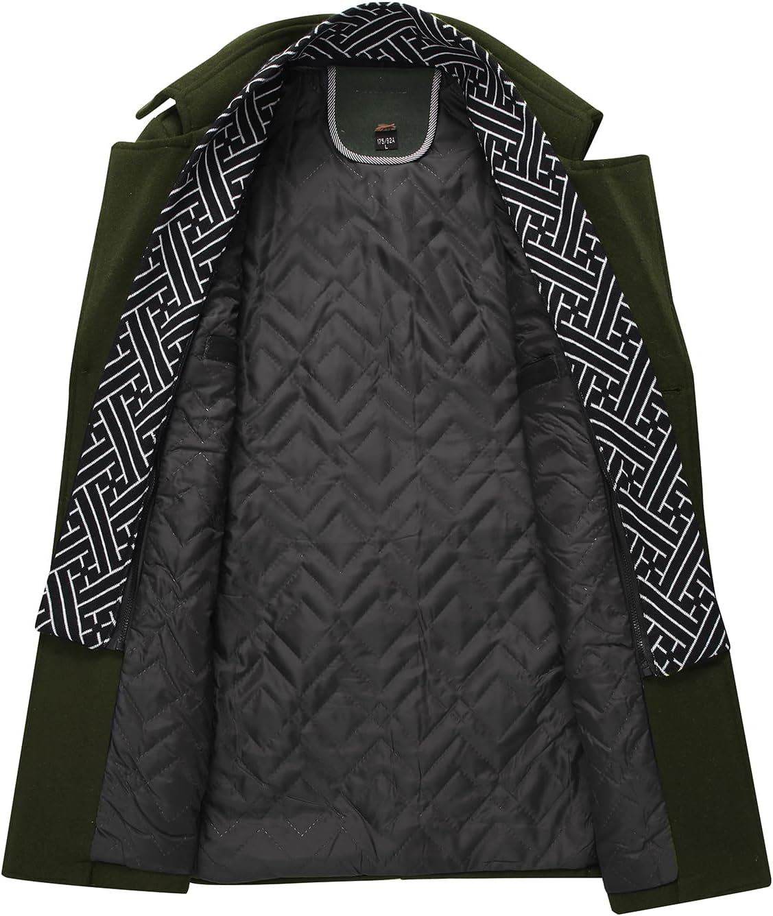 Grüner Herrenmantel mit schwarzem, gestepptem Innenfutter und geometrischem Muster.