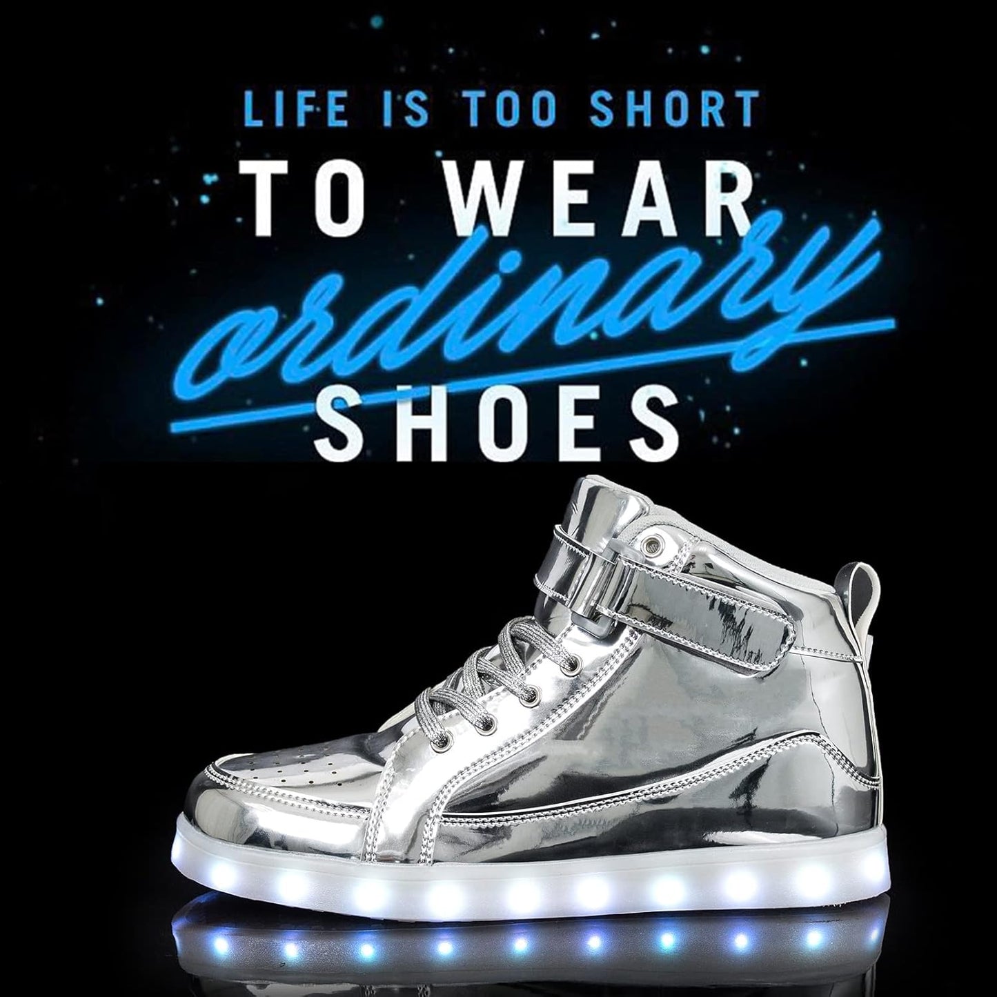 Silberne LED-Sneaker mit Leuchtsohle, modisch, auffällig, für Partys und Events.