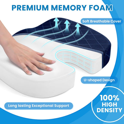 U-förmiges Kissen aus Memory-Schaum, blau-weiß, ergonomisch, atmungsaktiv, hoher Komfort.