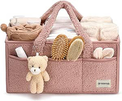 Blöjorganisatör för baby – plysch-sherpa-förvaringskorg med fack – Elvoria