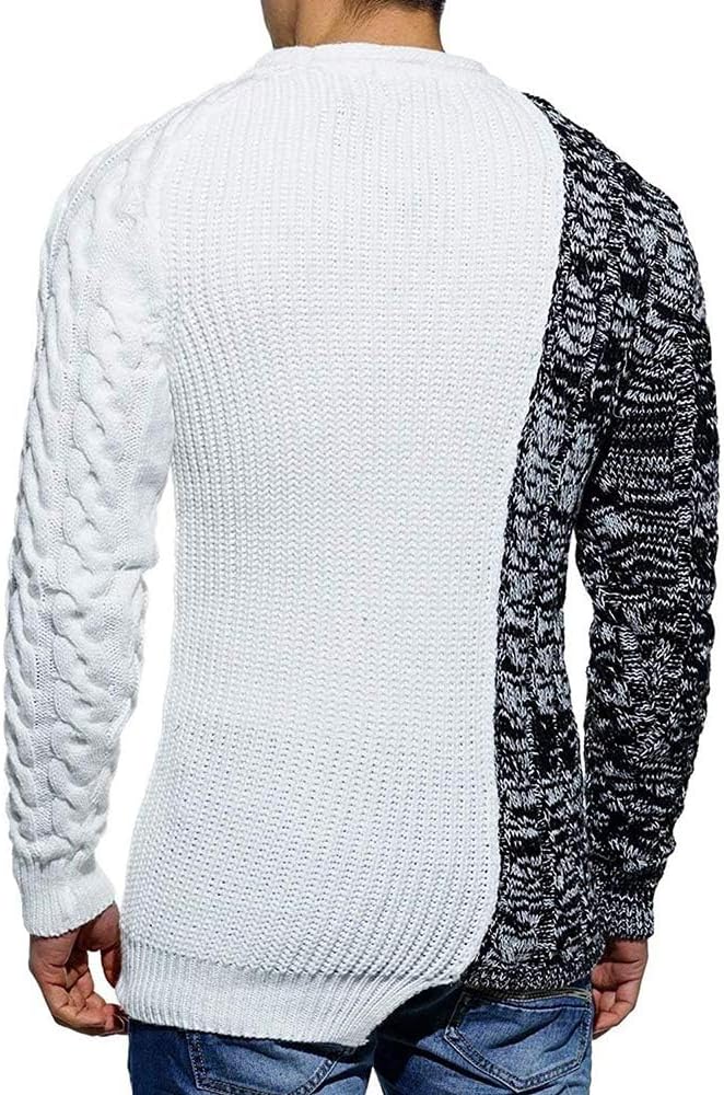 Herrenpullover, weiß-schwarz, Strickmuster, langärmelig, modisch, Wintermode, Rückansicht.