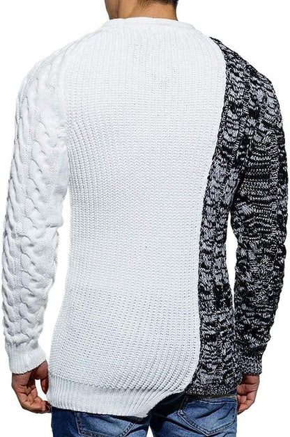 Herrenpullover, weiß-schwarz, Strickmuster, langärmelig, modisch, Wintermode, Rückansicht.